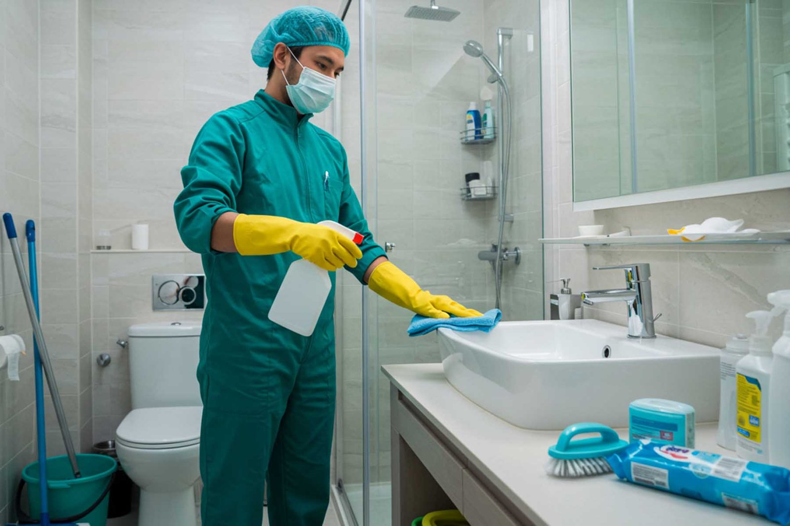 Persona desinfectando un baño