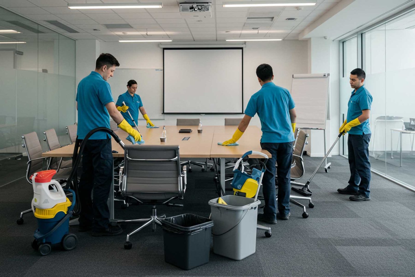 Equipo limpiando salón de reuniones