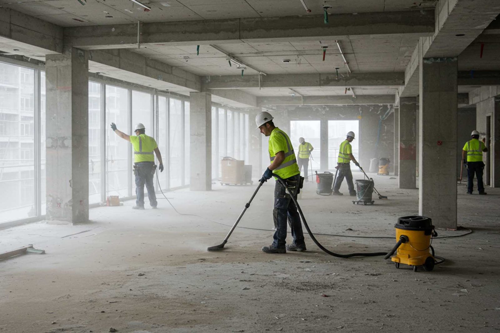 personas limpiando en construcción